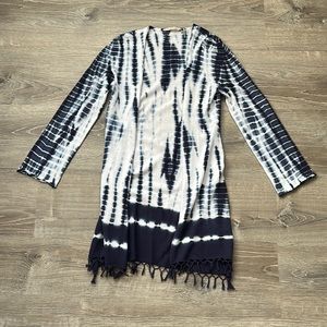 SOFT SURROUNDINGS Navy Blue Tie Dye Fringe Open Front Captiva Cardigan